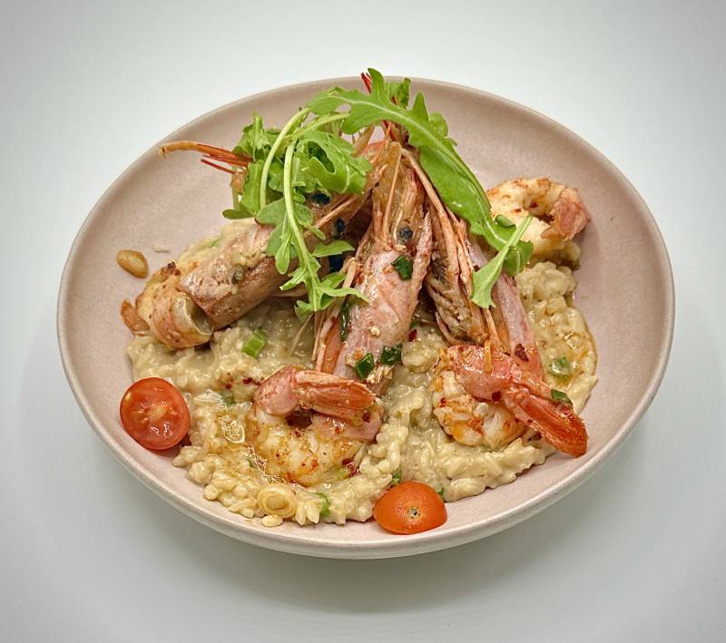 RisOtto aux Gambas Flambées et Asperges Vertes